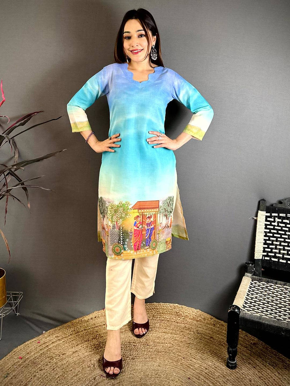 V Wave Neck Mul Cotton Kurti