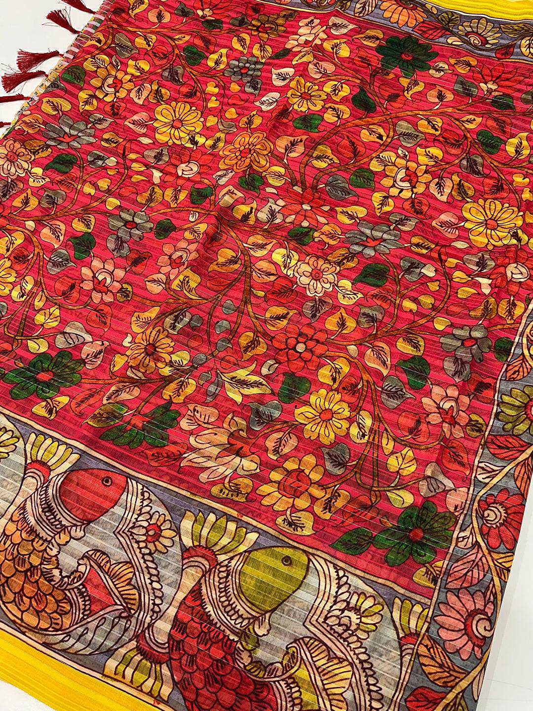 Vibrant floral design on Kalamkari saree