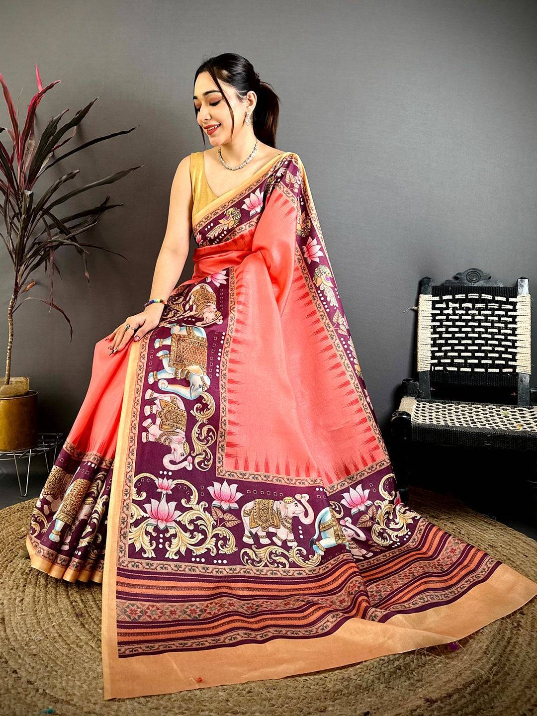 Red Tanjore Elephant Tussar Saree