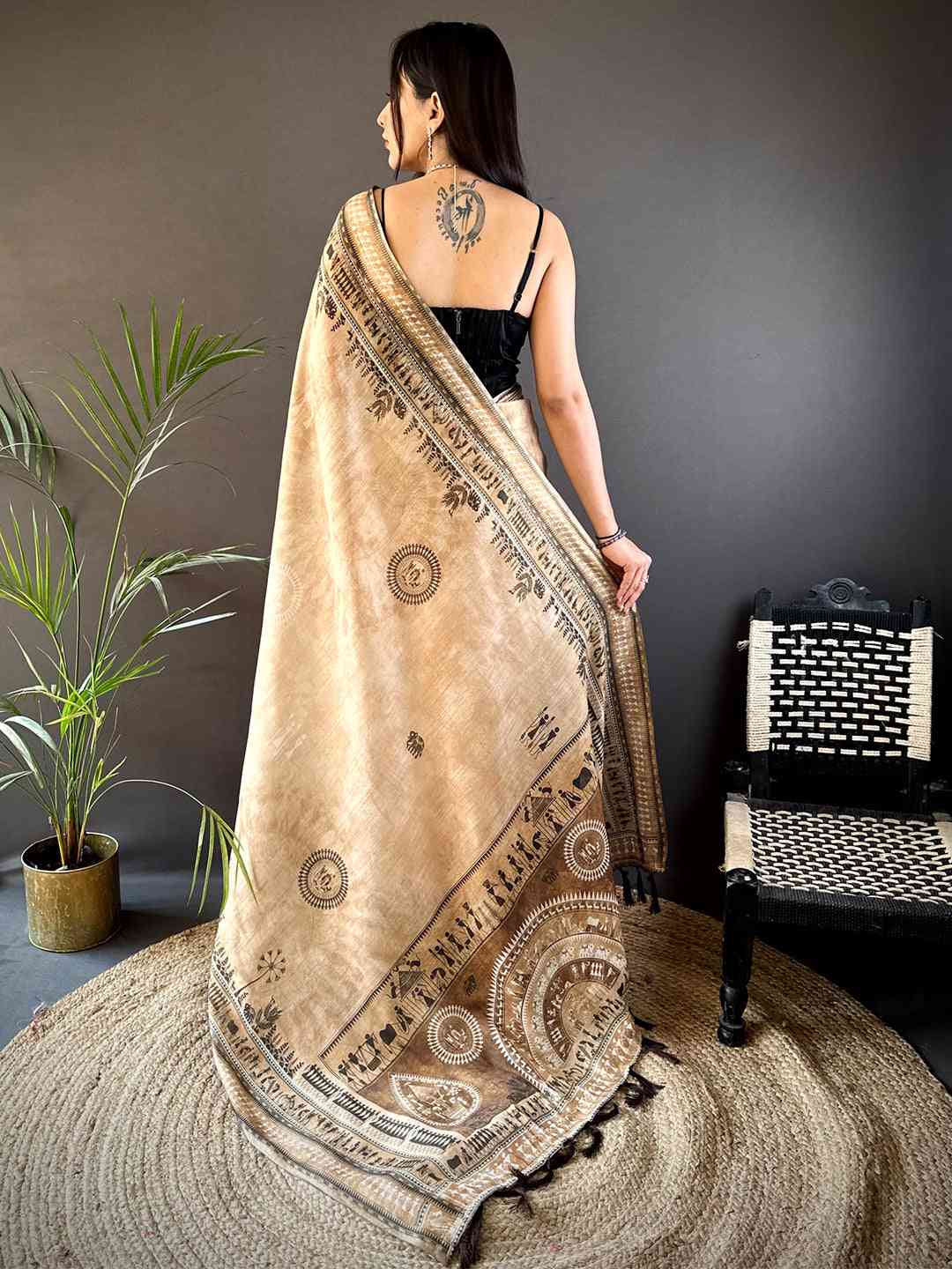 Beige Warli Print Tissue Chanderi Saree
