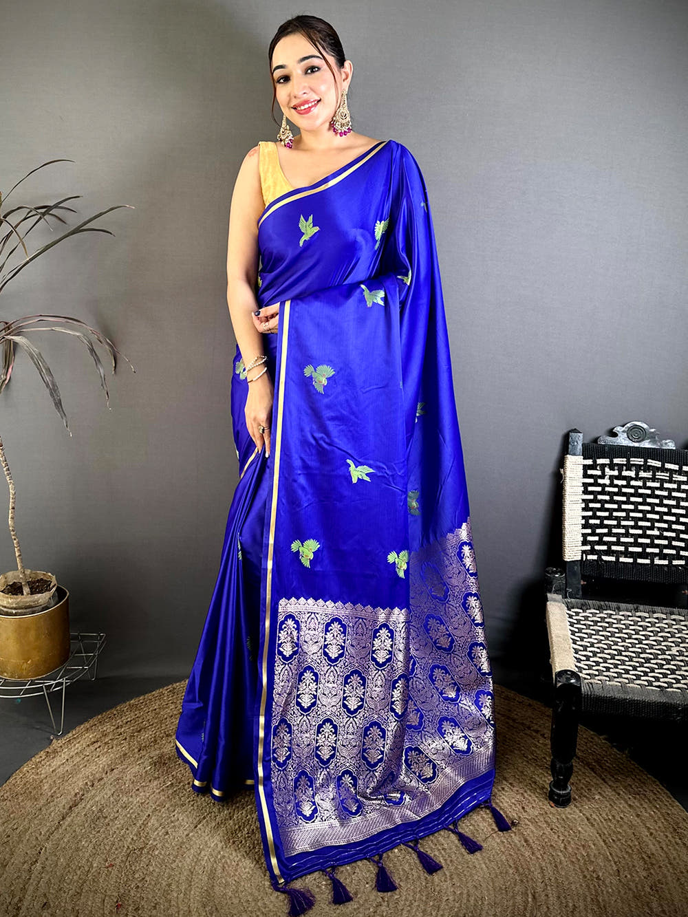 Soft Cherry Satin Minakari Bird Zari Saree