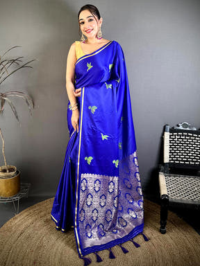 Soft Cherry Satin Minakari Bird Zari Saree