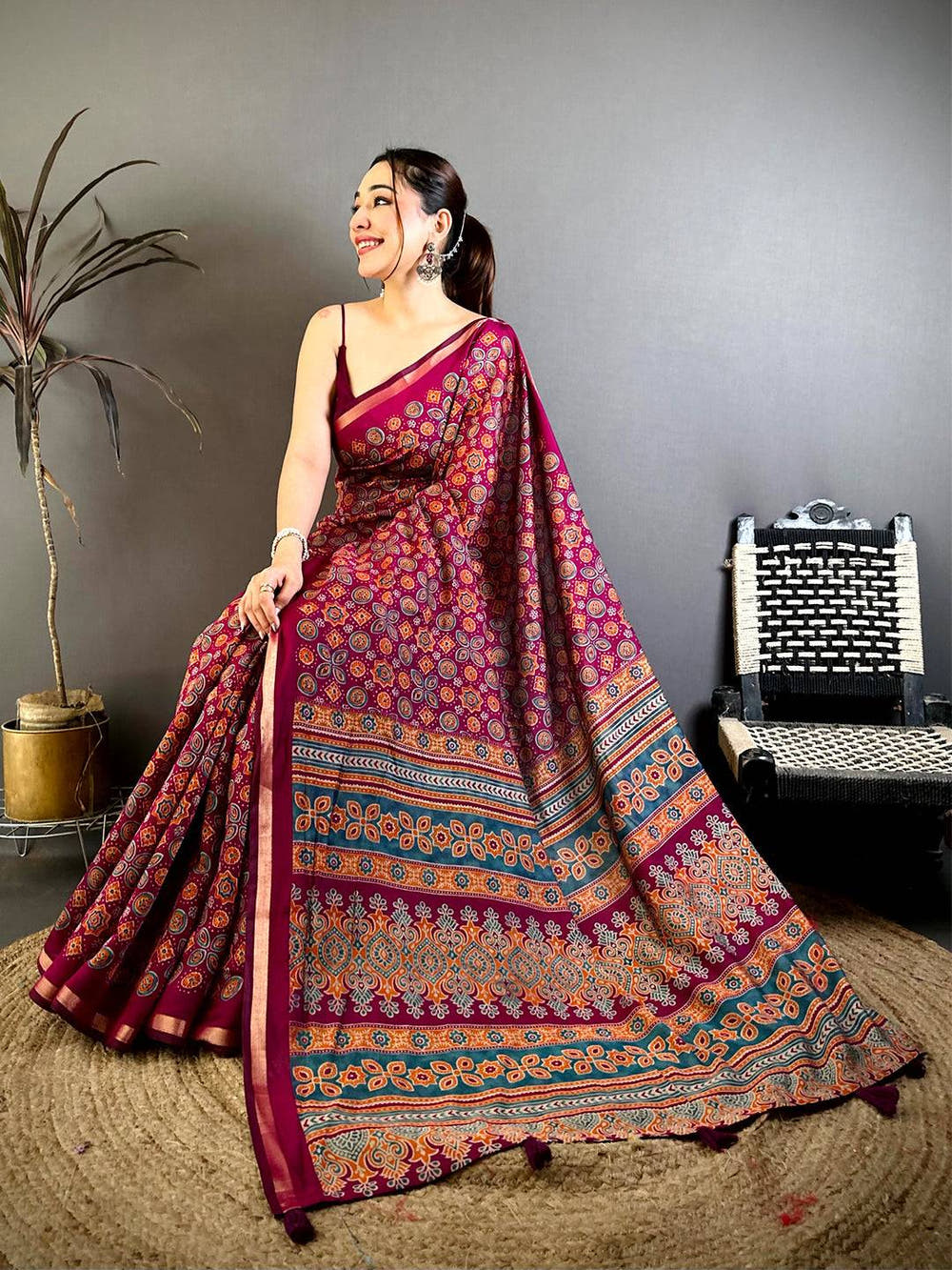 Wine Mul Cotton Ajrak Vintage Print Saree