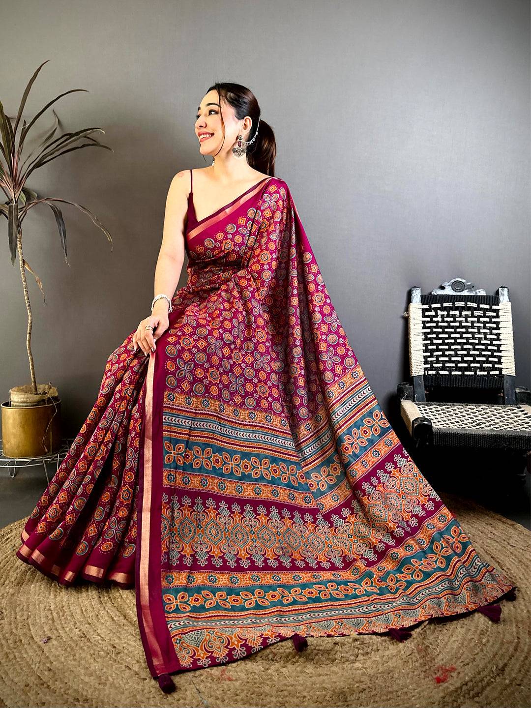 Wine Mul Cotton Ajrak Vintage Print Saree