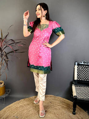 Pink Soft Dola Silk Paan Neck Kurti