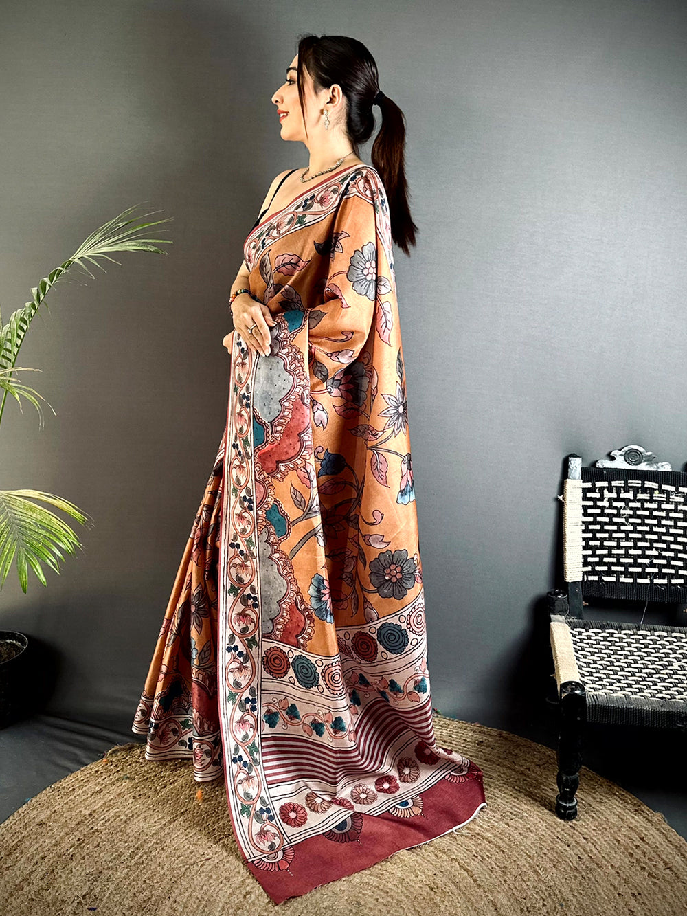 Radiant Dark Floral Soft Tussar Saree