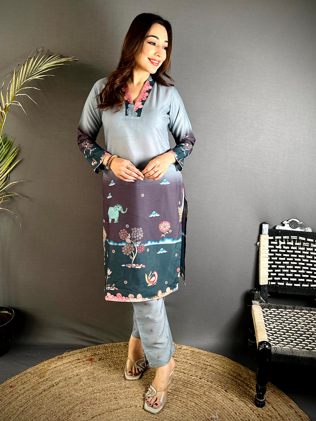 V Collar Neck Kalamkari Art Kurti