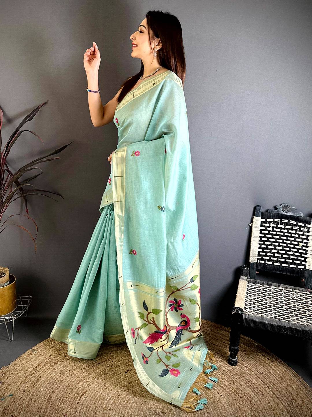 Sky Blue Sunflower Minakari Khadi Saree