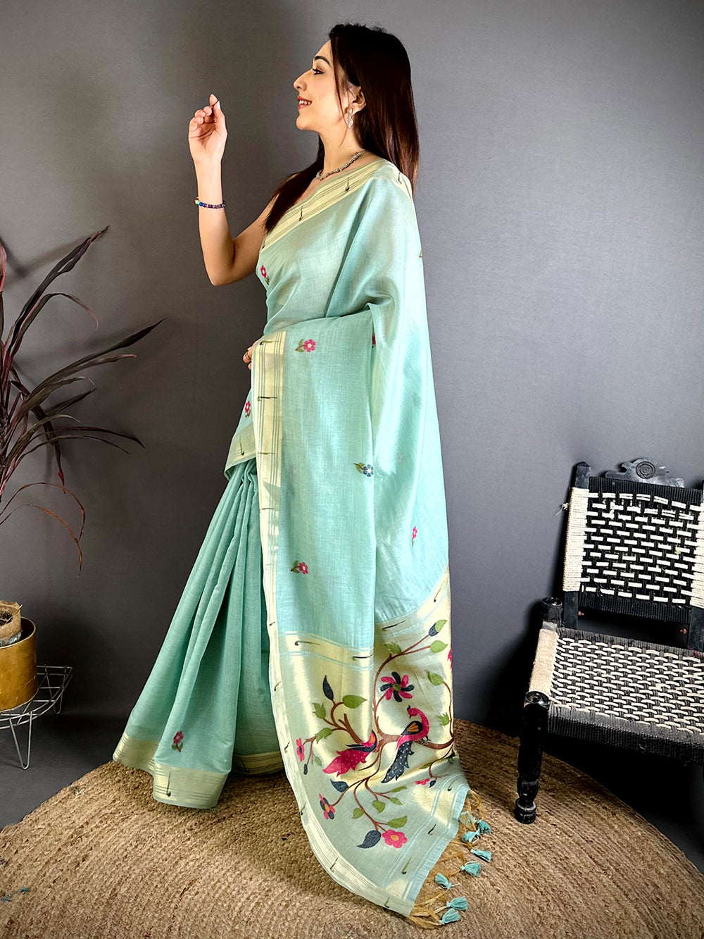 Sky Blue Sunflower Minakari Khadi Saree