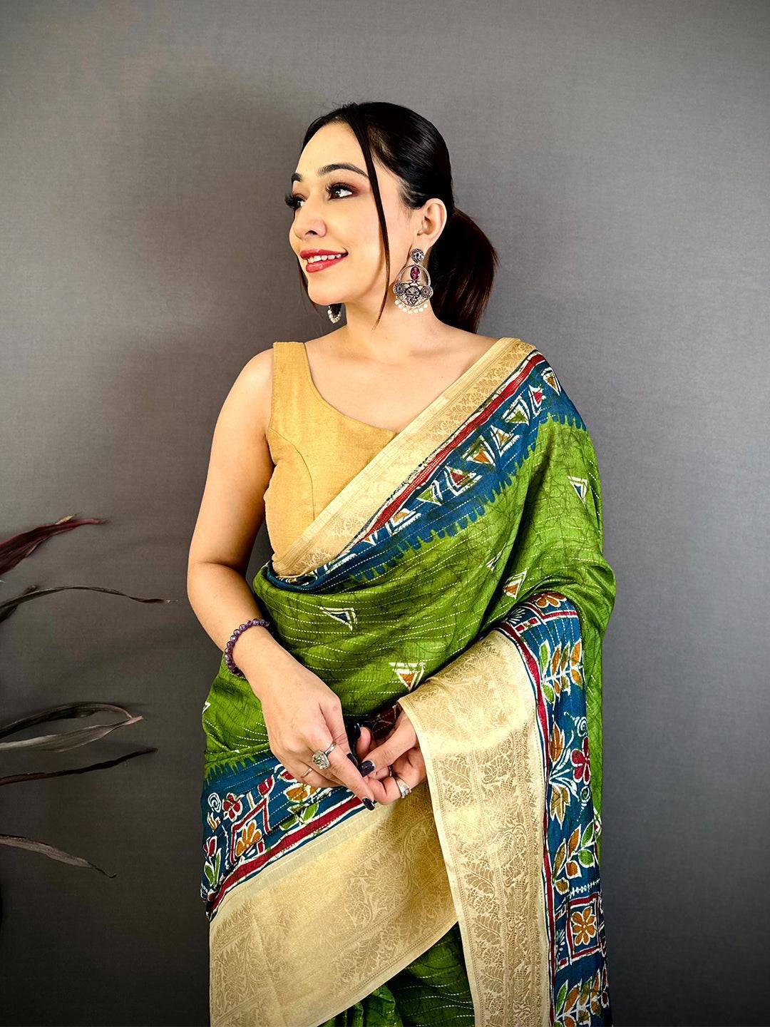 Green Dola Kalamkari Zari Stripe Saree