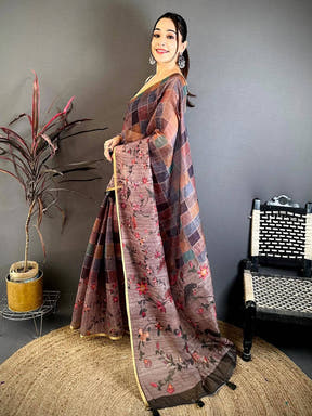 Opulent Multicolor Block Print Linen Saree
