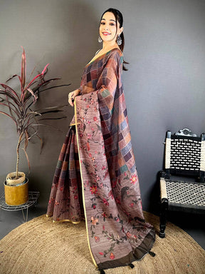 Opulent Multicolor Block Print Linen Saree