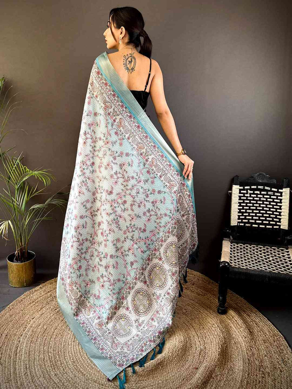 Mint Green Chanderi Madhubani Black Chex Saree