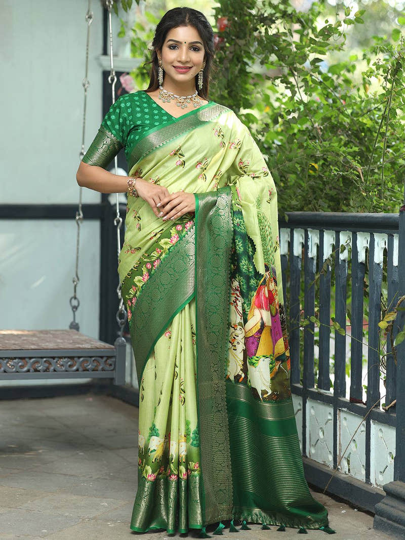 Pichwai Print Zari Weaving Pallu Saree In Light Green Colour - Luxe