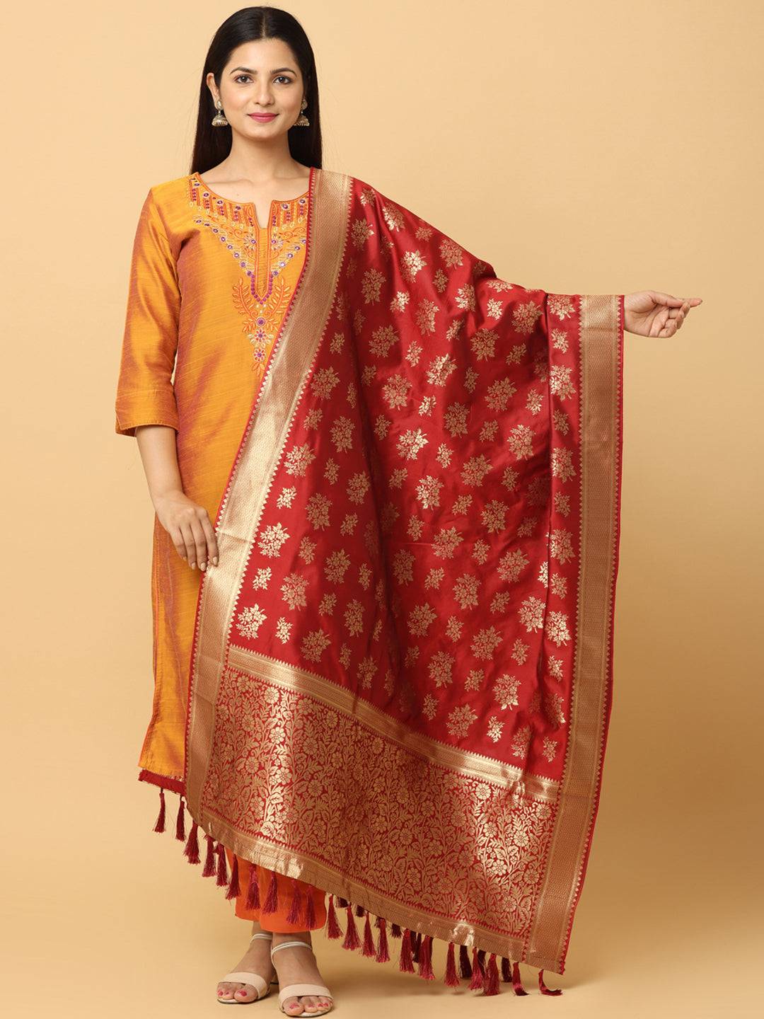 Red silk blend dupatta with resham tassels, front view