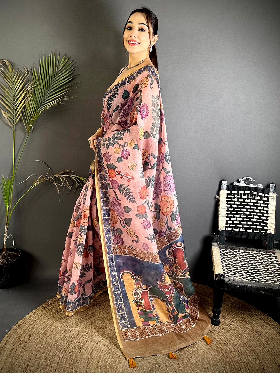 Stylish Floral Kalamkari Soft Linen Saree