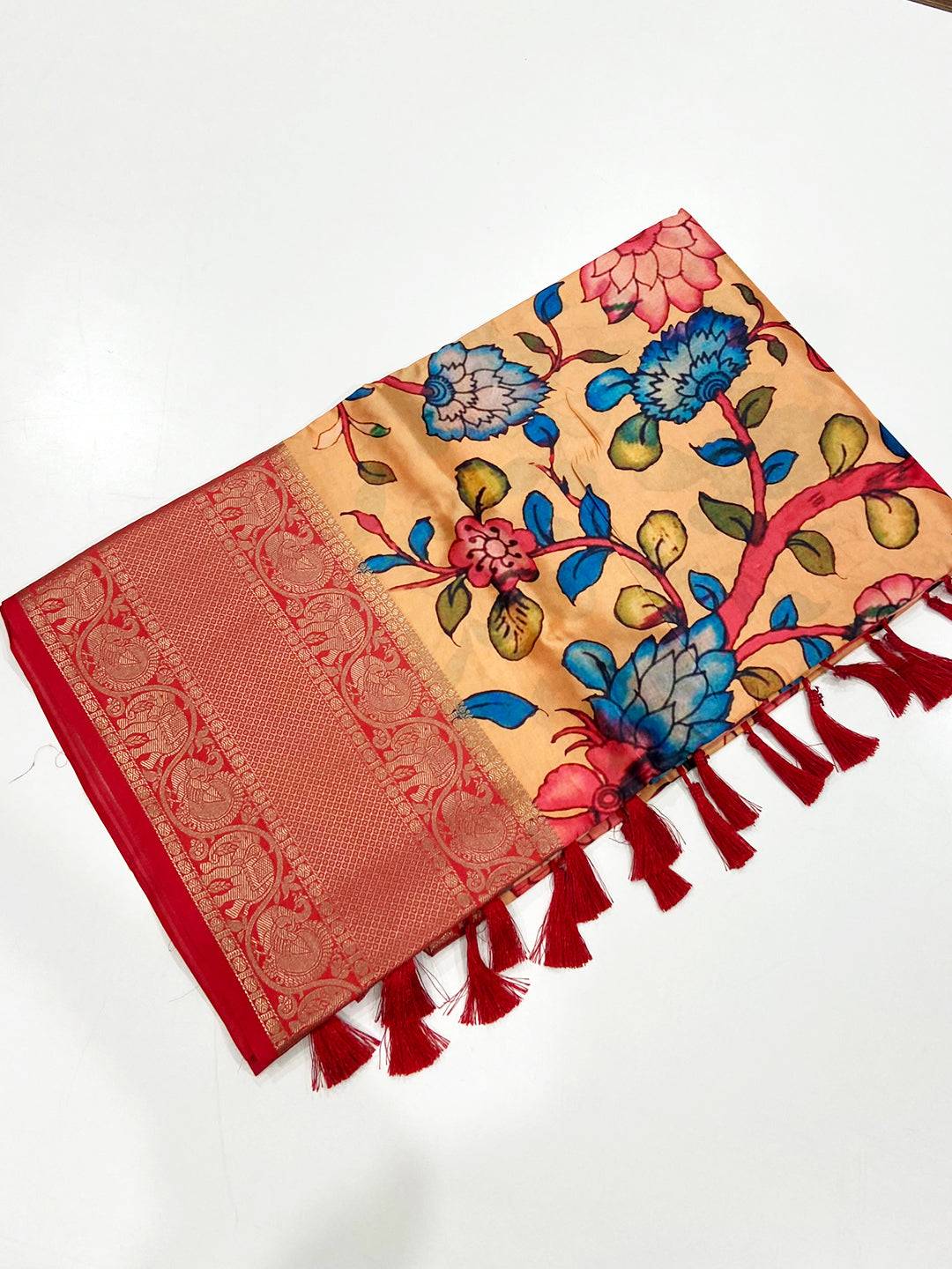 Peach Floral Printed Banarasi Saree