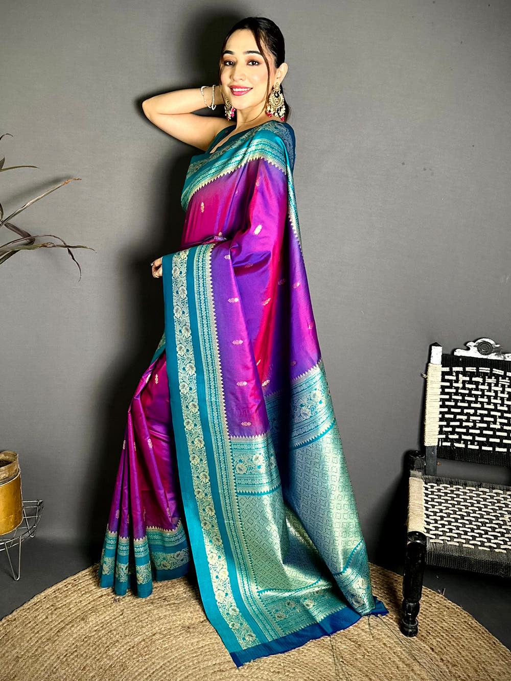 Gold Zari Woven Magenta Soft Silk Saree