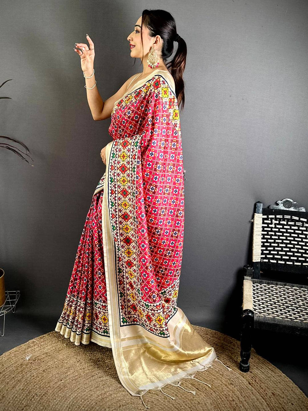 Pink Ethnic Digital Ikkat Kanchi Saree