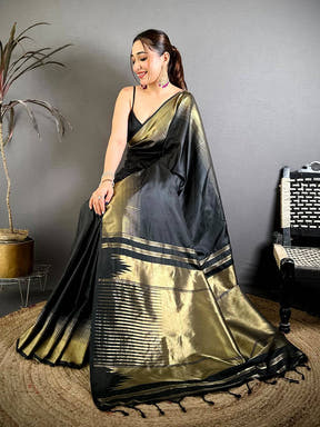 Dark Black Plain Body Ikkat Border Saree