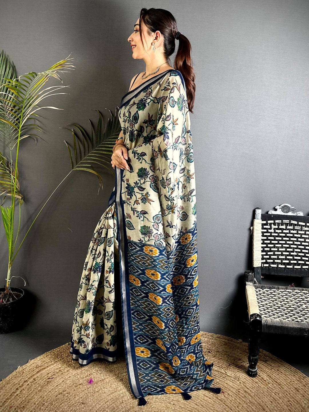 Navy Floral Phulkari Mul Cotton Saree