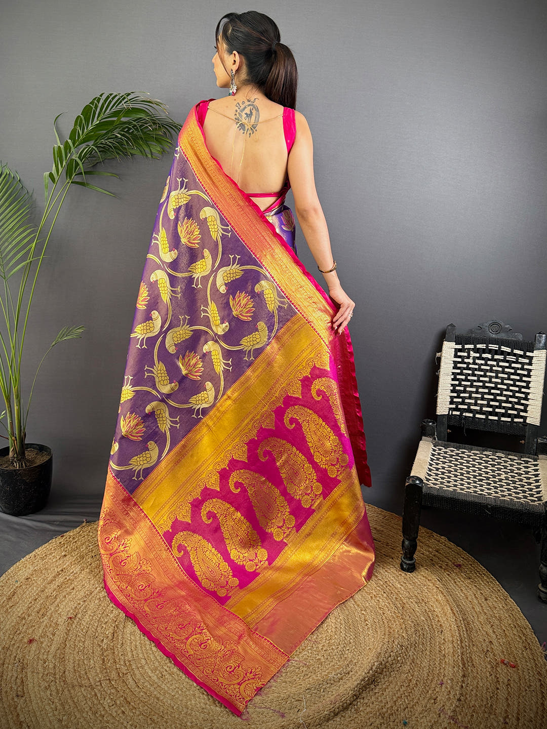 Purple Dharmavaram Gold Birds Print Saree