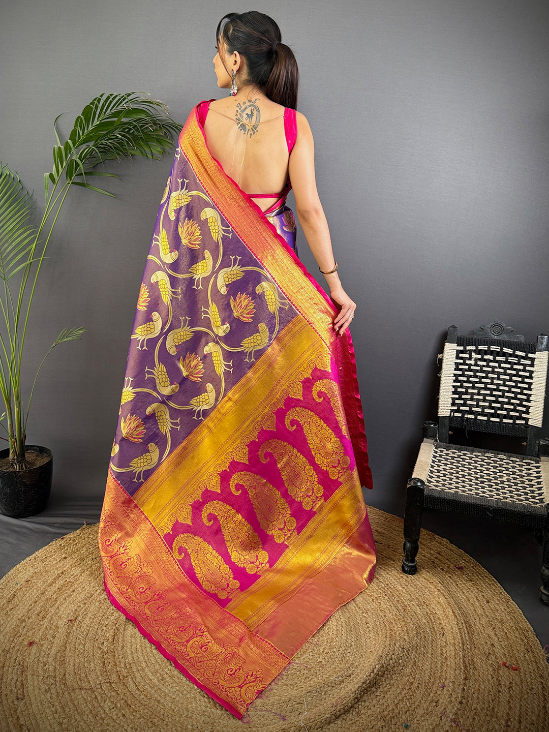 Purple Dharmavaram Gold Birds Print Saree