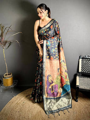 Soft Silk Kalamkari Gaji Lakda Patta Saree