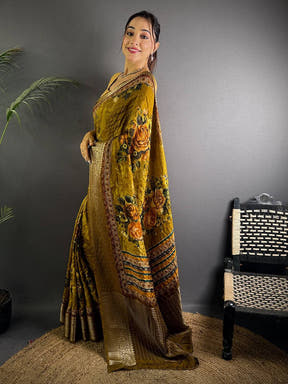 Mustard Pure Viscose Floral Printed Saree