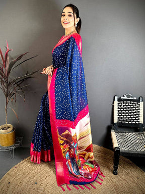 Navy Bandhej Fusion Dola Print Saree