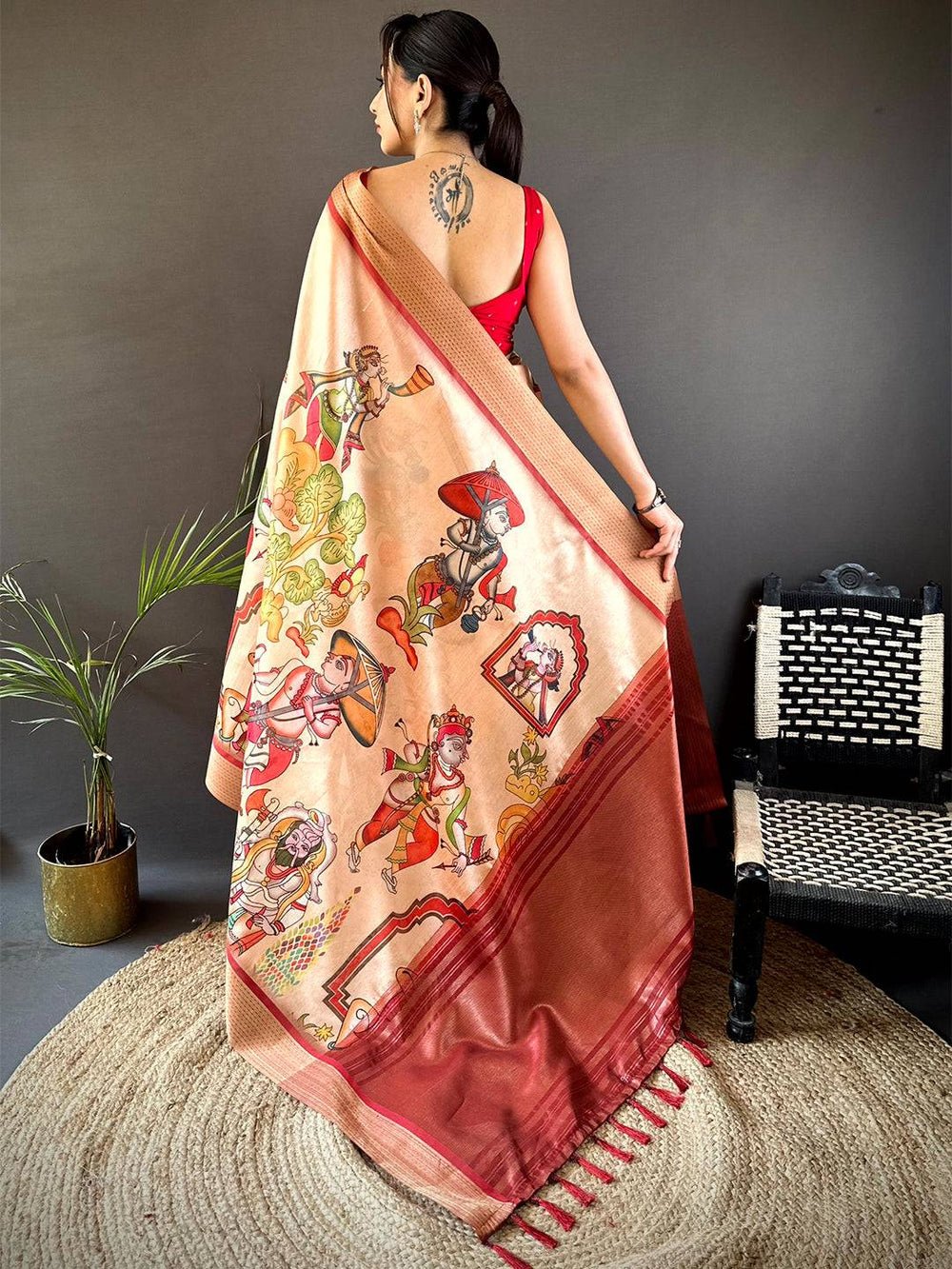 Peach Digital Kalamkari Printed Tussar Silk Saree