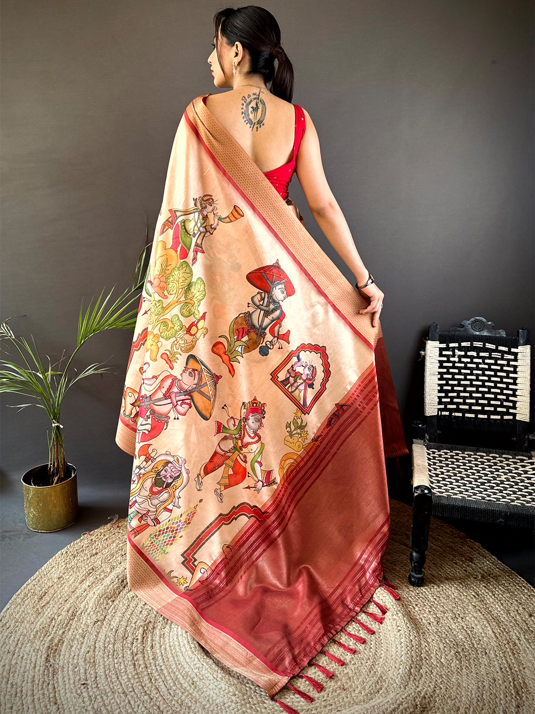 Peach Digital Kalamkari Printed Tussar Silk Saree