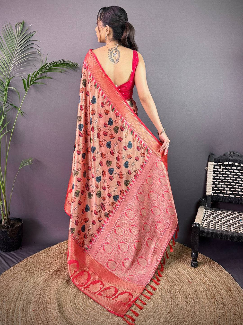 Vibrant Soft Cherry Satin Kalamkari Print Saree