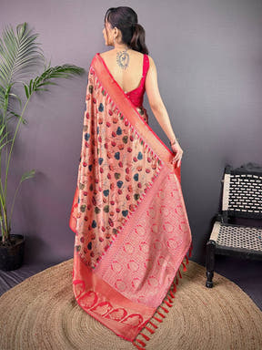 Vibrant Soft Cherry Satin Kalamkari Print Saree