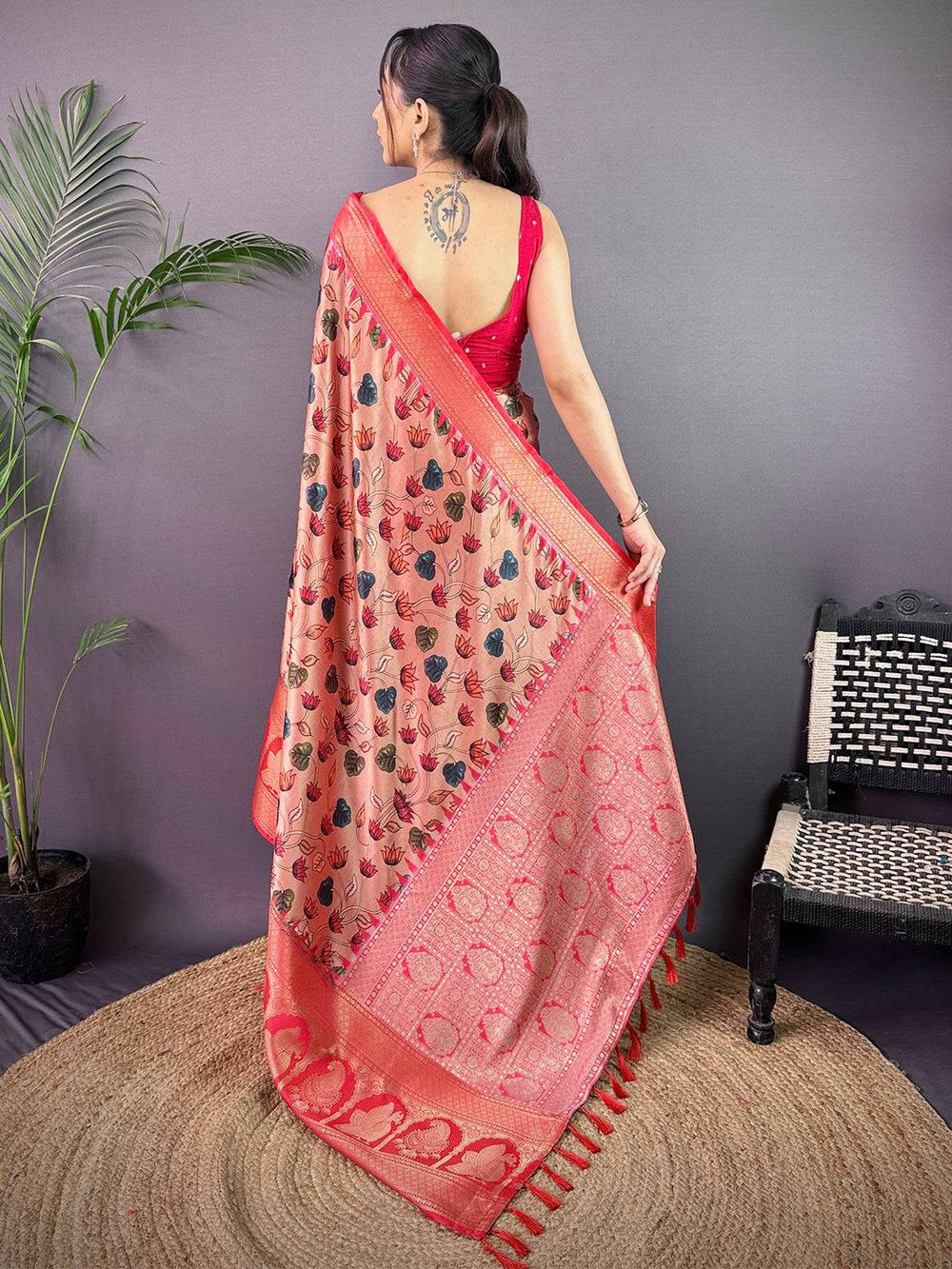 Vibrant Soft Cherry Satin Kalamkari Print Saree