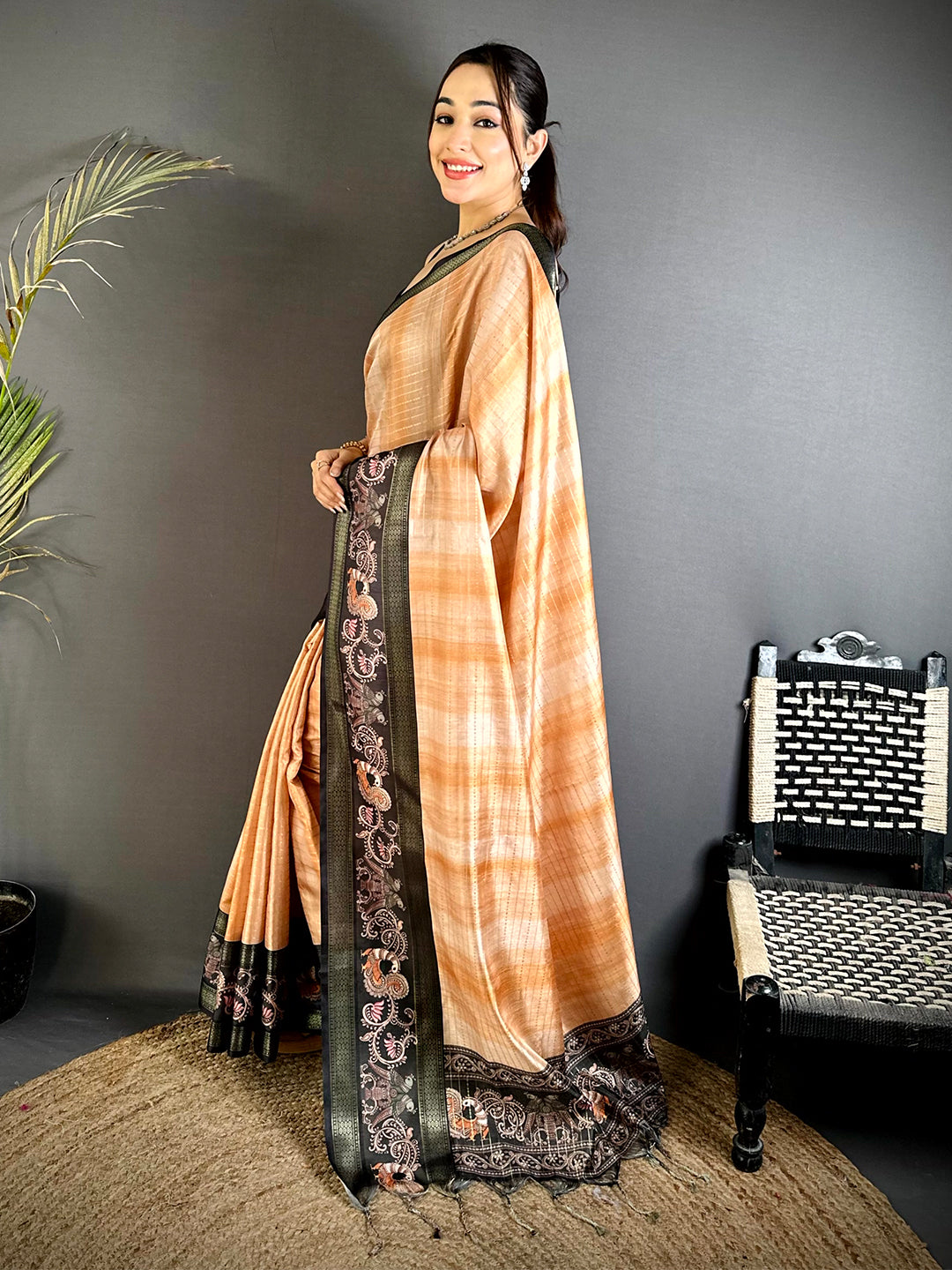 Peach Shibori Print Semi Silk Saree