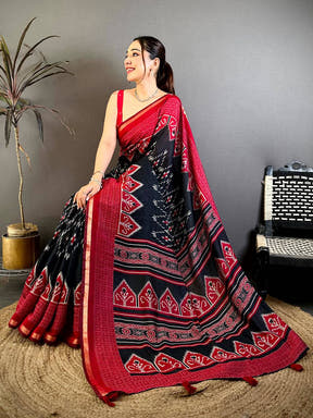 Black Mul Cotton Ikkat Rudraksha Border Saree