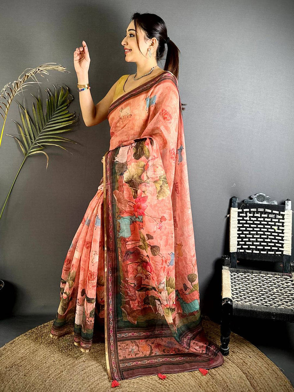 Peach Pichwai Kalamkari Linen Saree