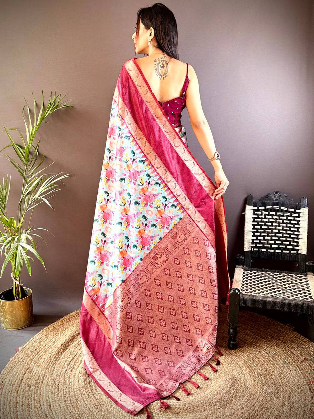 Back view of Banarasi Soft Silk Saree with floral pattern