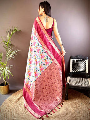 Back view of Banarasi Soft Silk Saree with floral pattern