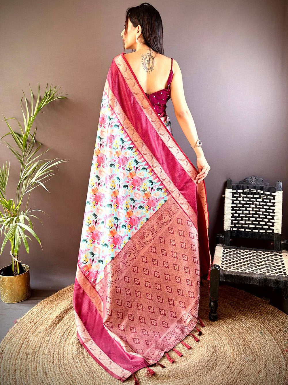 Back view of Banarasi Soft Silk Saree with floral pattern