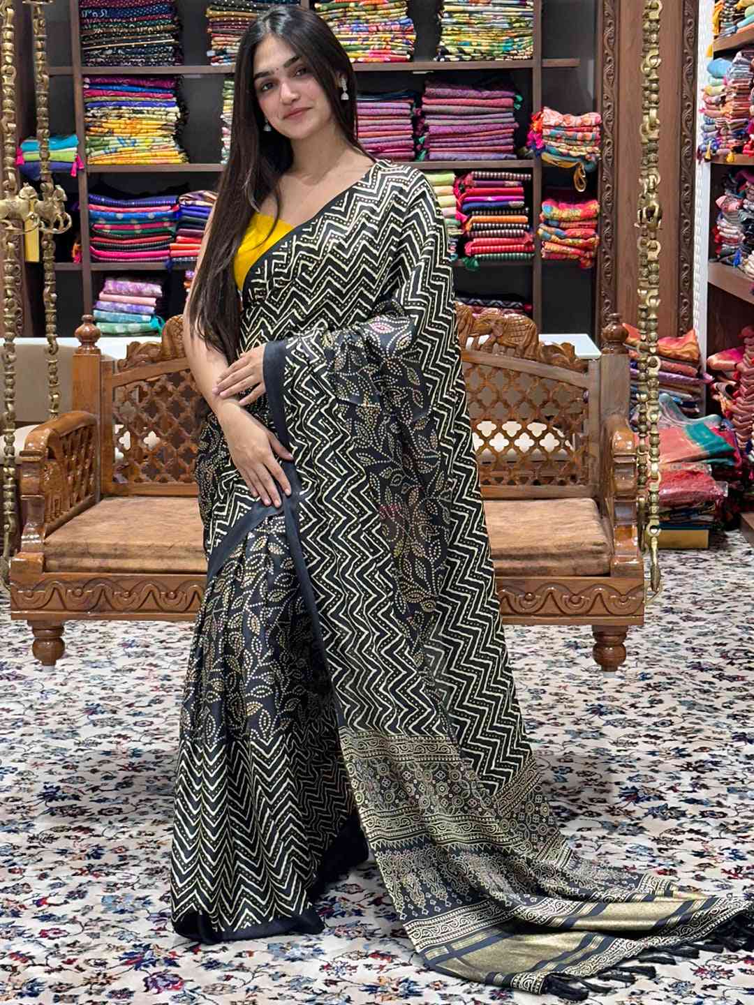 Elegant Black Manipuri Silk Saree with intricate foil design