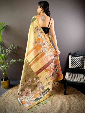 Light Yellow Tussar Zari Floral Saree