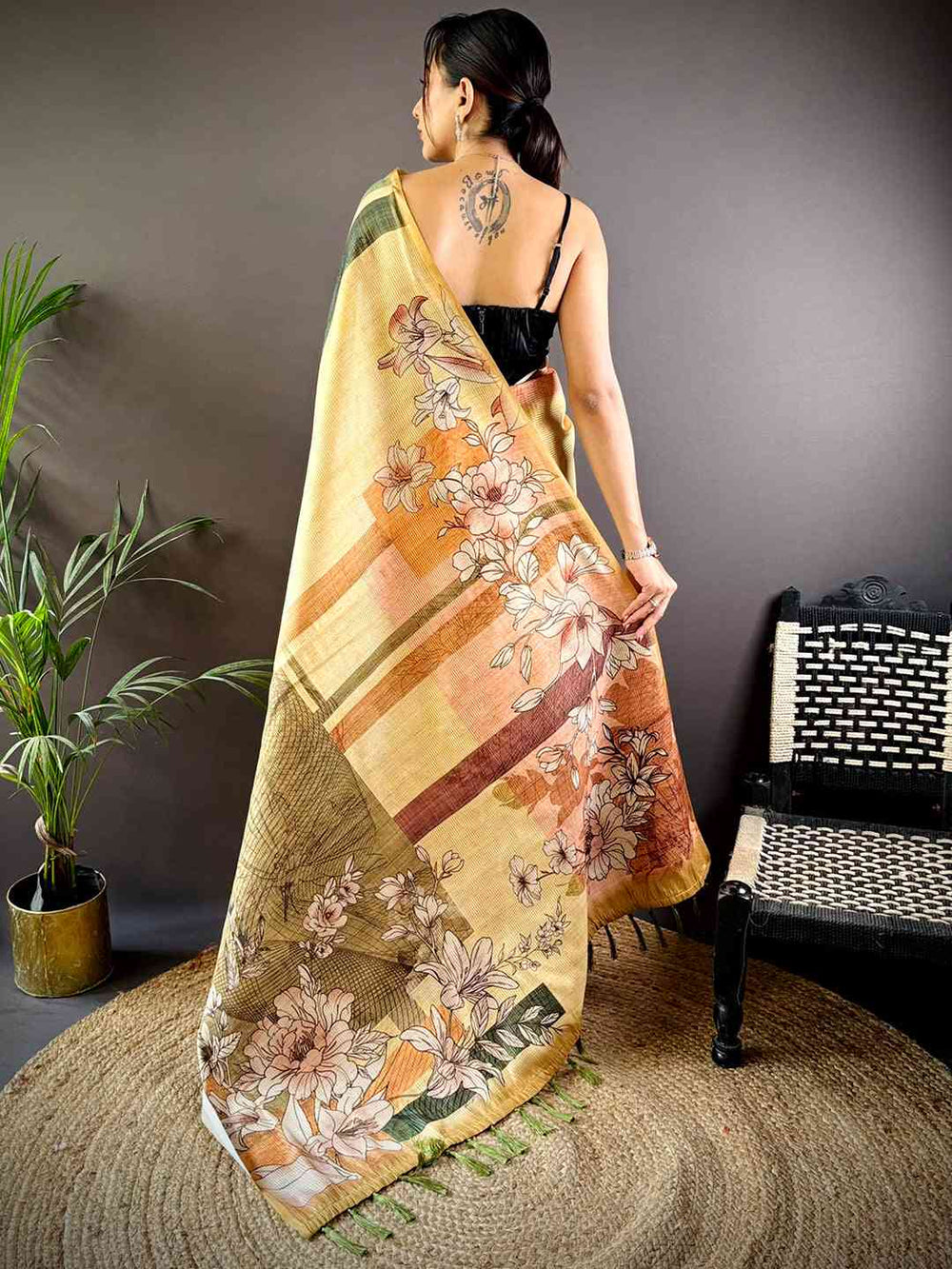 Light Yellow Tussar Zari Floral Saree