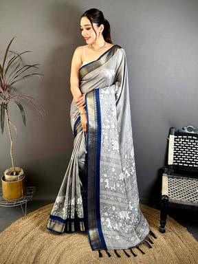 Grey Soft Dola Block Kalamkari Zari Saree