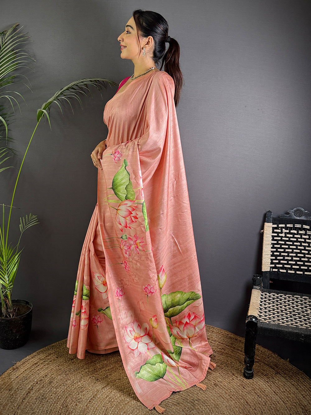 Baby Pink Pichwai Print Tussar Silk Saree