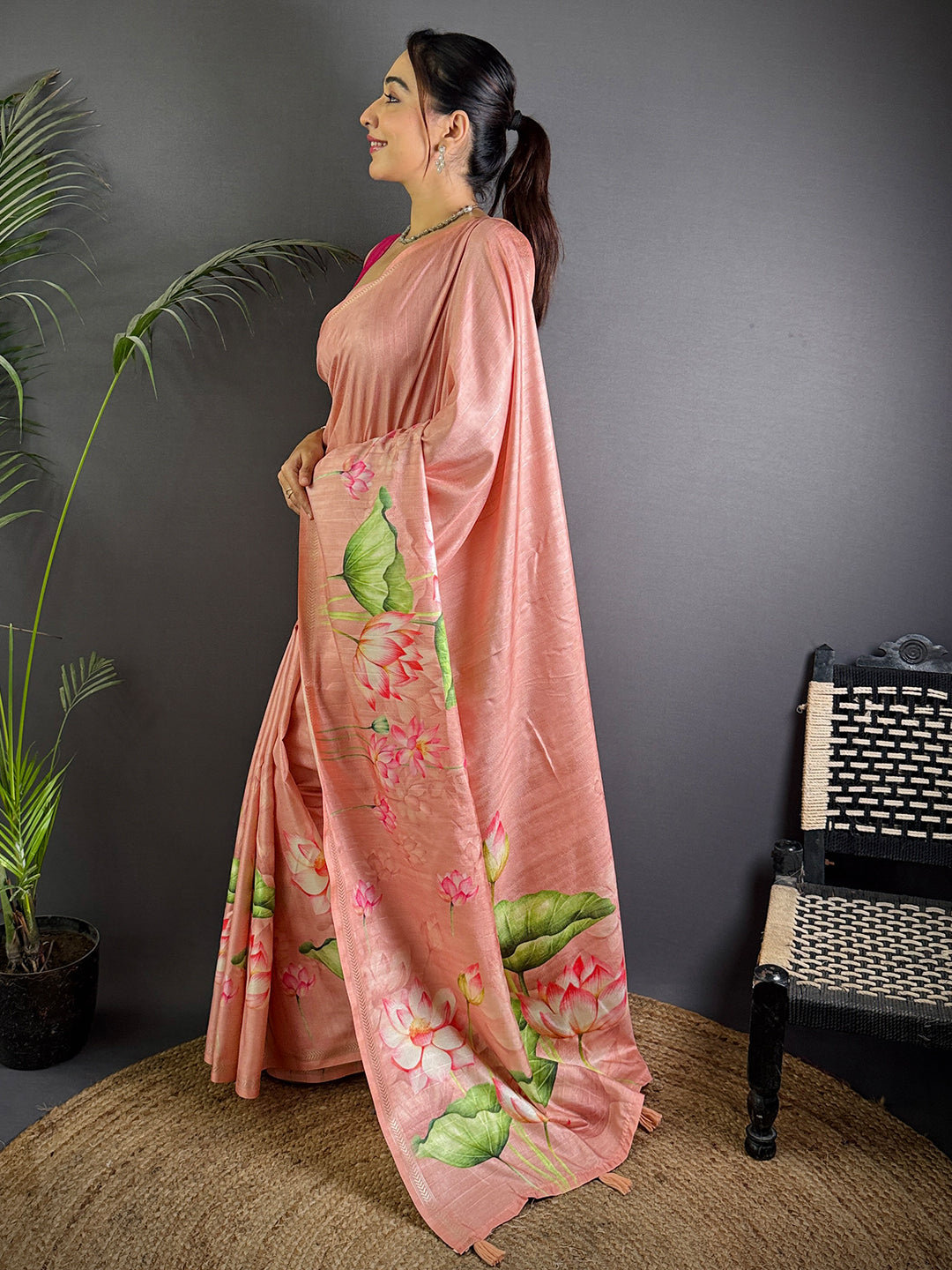 Baby Pink Pichwai Print Tussar Silk Saree