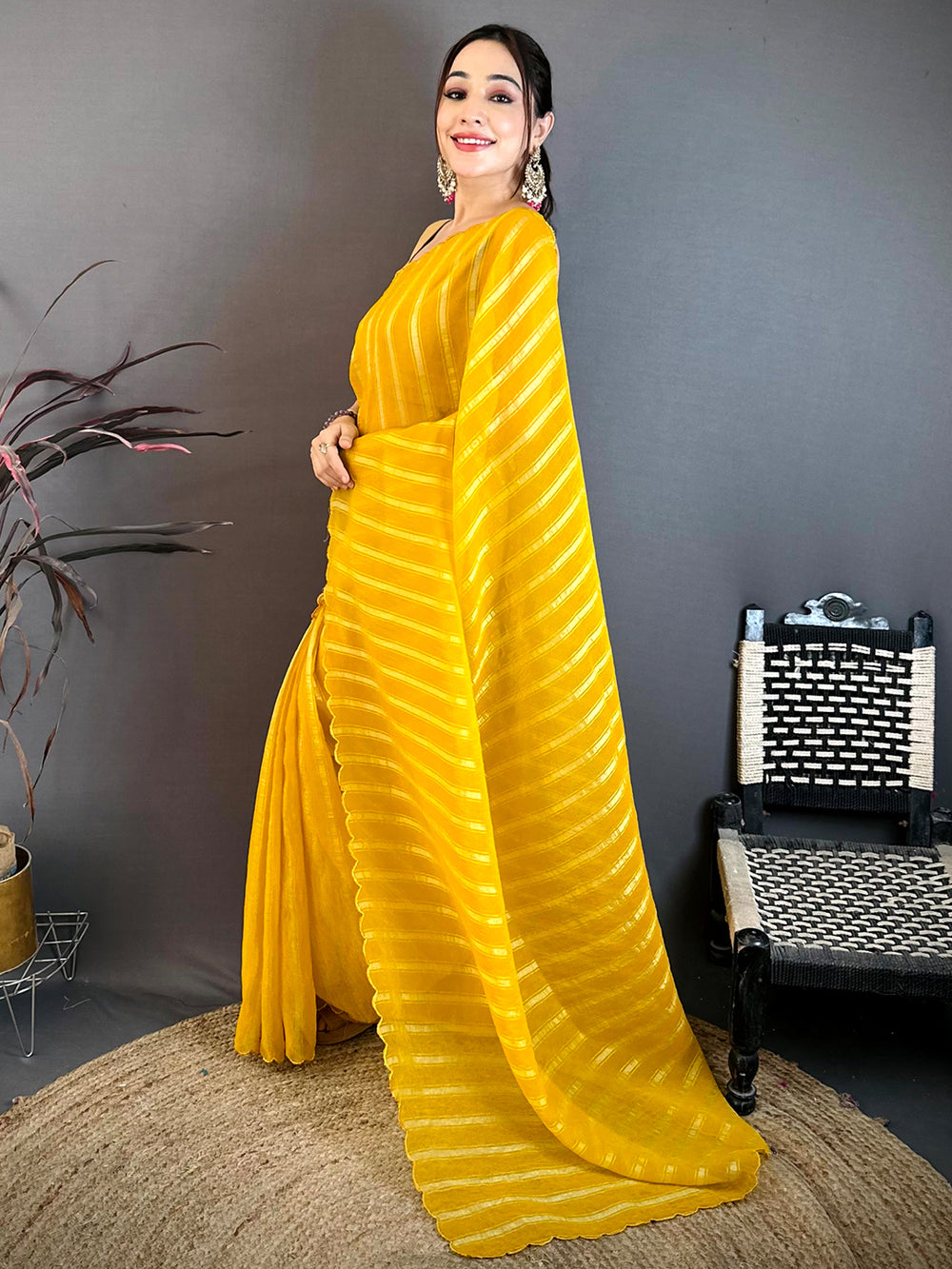 Yellow Gold Zari Stripe Chiffon Saree
