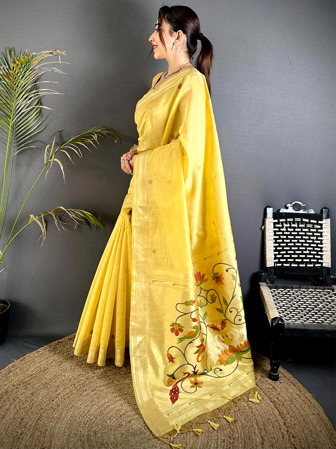 Yellow Swan Minakari Linen Saree