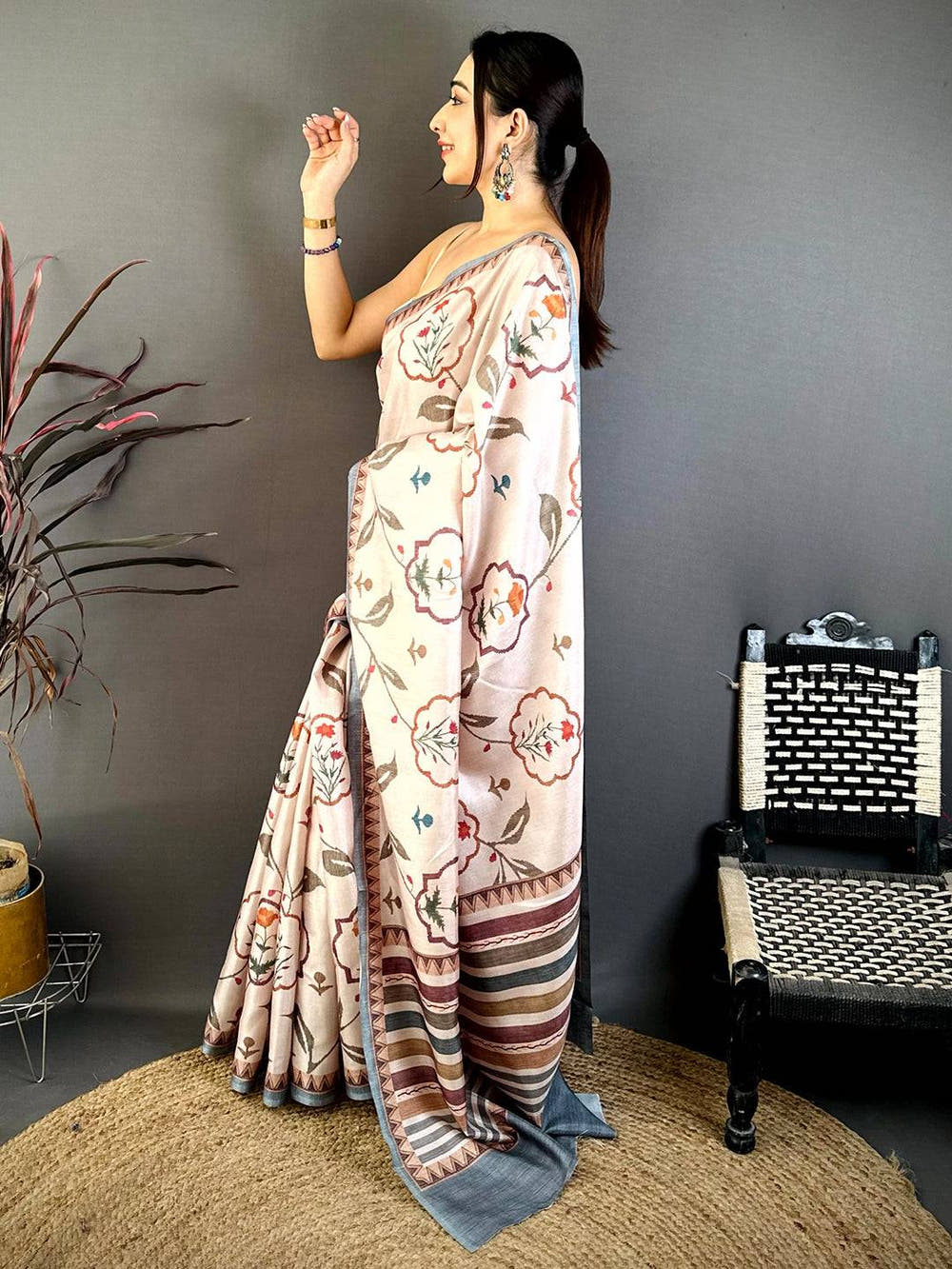 Peach Floral Soft Tussar Saree